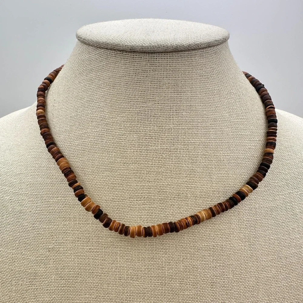 Vintage 90s‎ Wooden Heishe Beaded Necklace Women's Minimalist Retro Jewelry Boho
